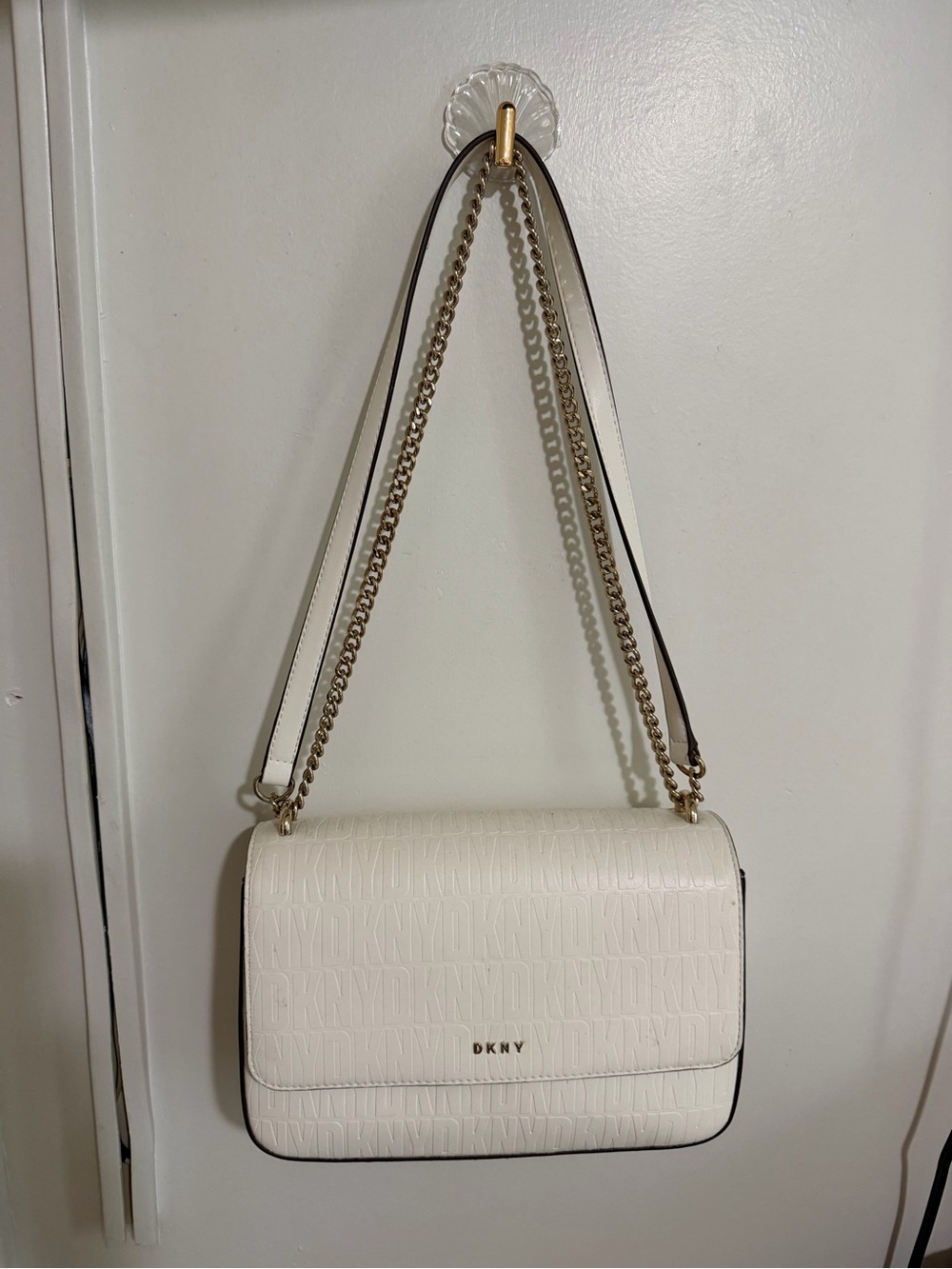 DKNY White Embossed Shoulder Bag with Gold Chain